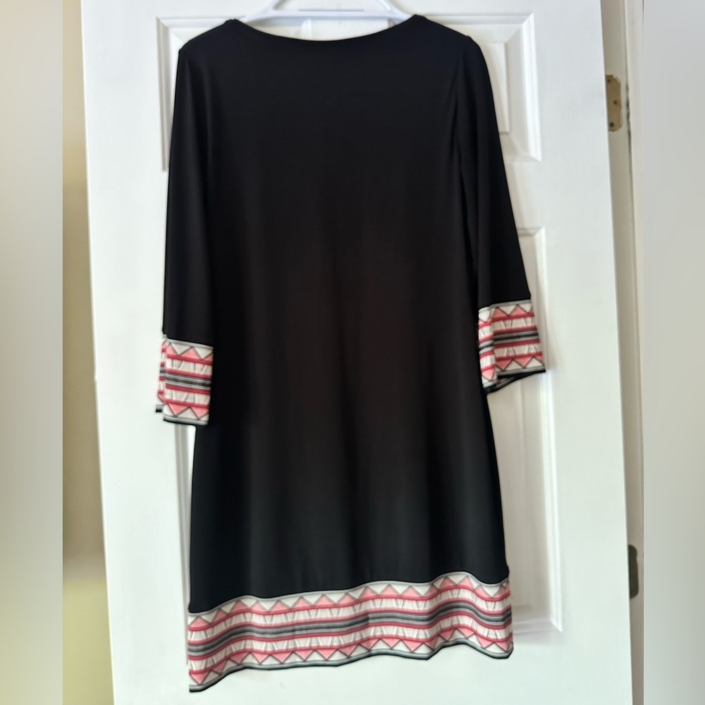 White House Black Market black shift dress with pink, and white geometric print - Picture 6 of 7